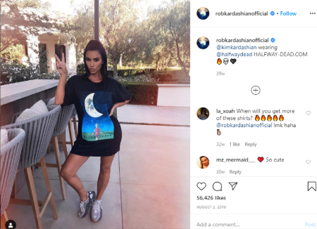 rob's instagram post about kim wearing his clothing brand 